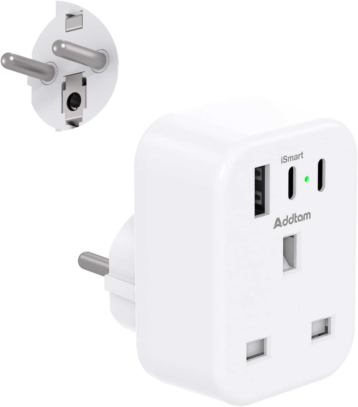 Travel Plug Adapter: power socket + USB-A + USB-C