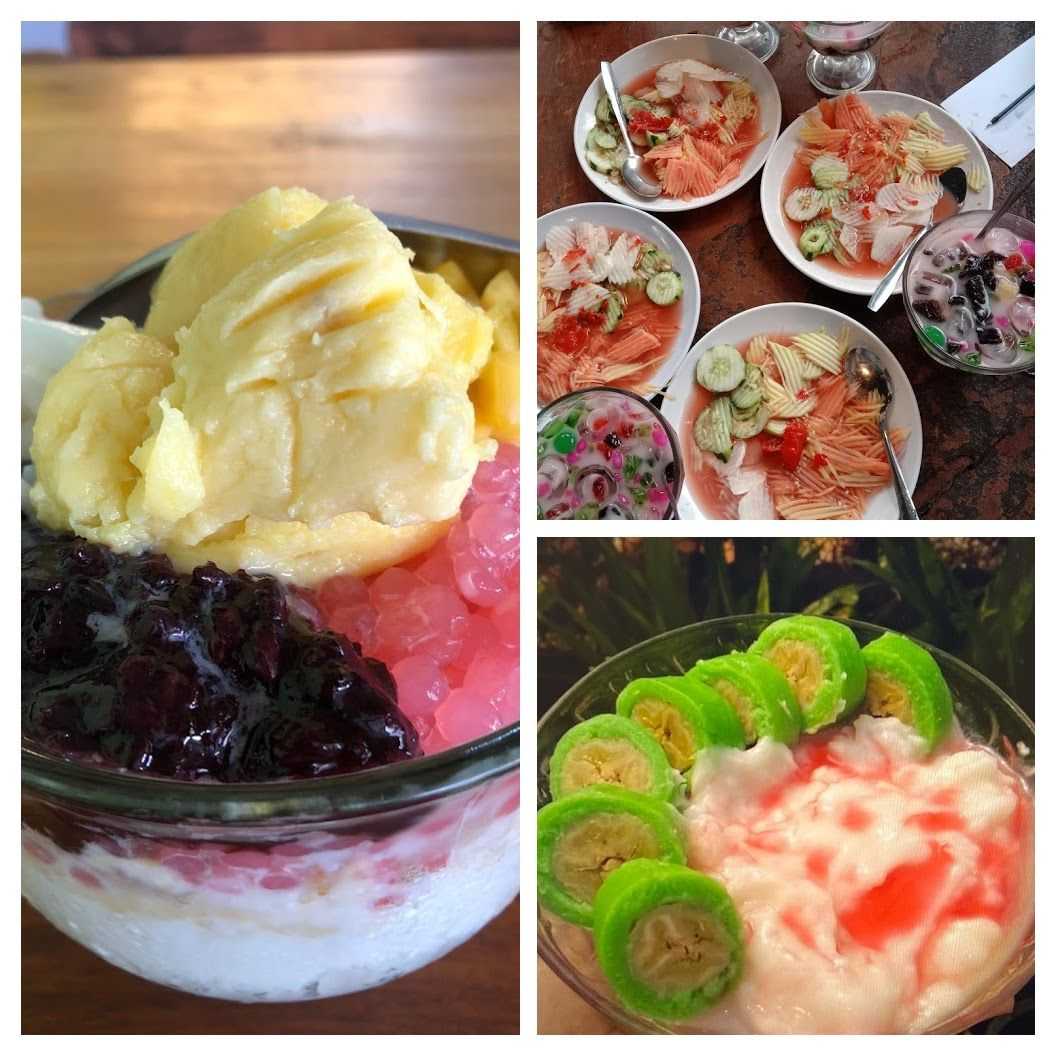 Typical sweet snacks found around Kedonganan fish market: on the left: es campur, top right: rujak & es campur, bottom right: pisang ijo