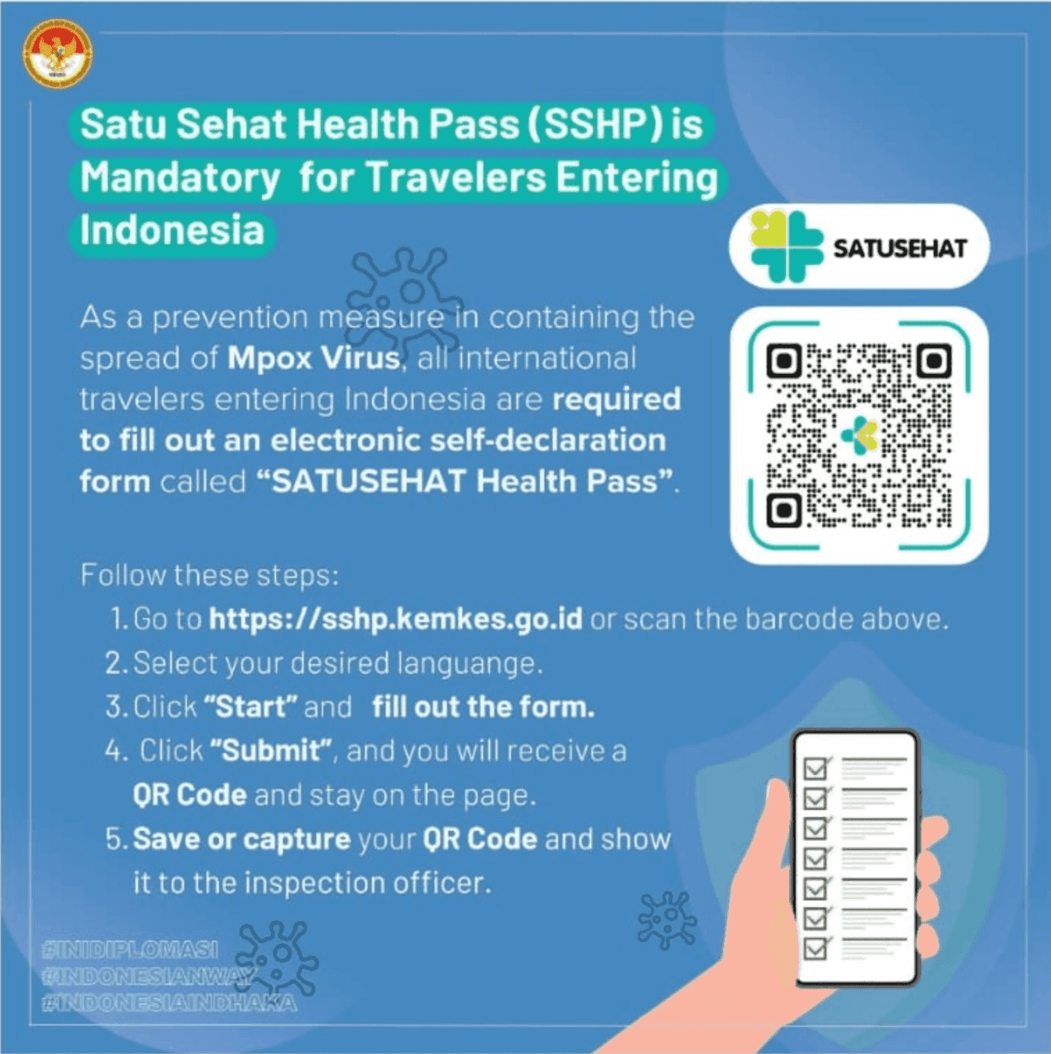 Satu sehat health pass information communicated by the government of Indonesia.