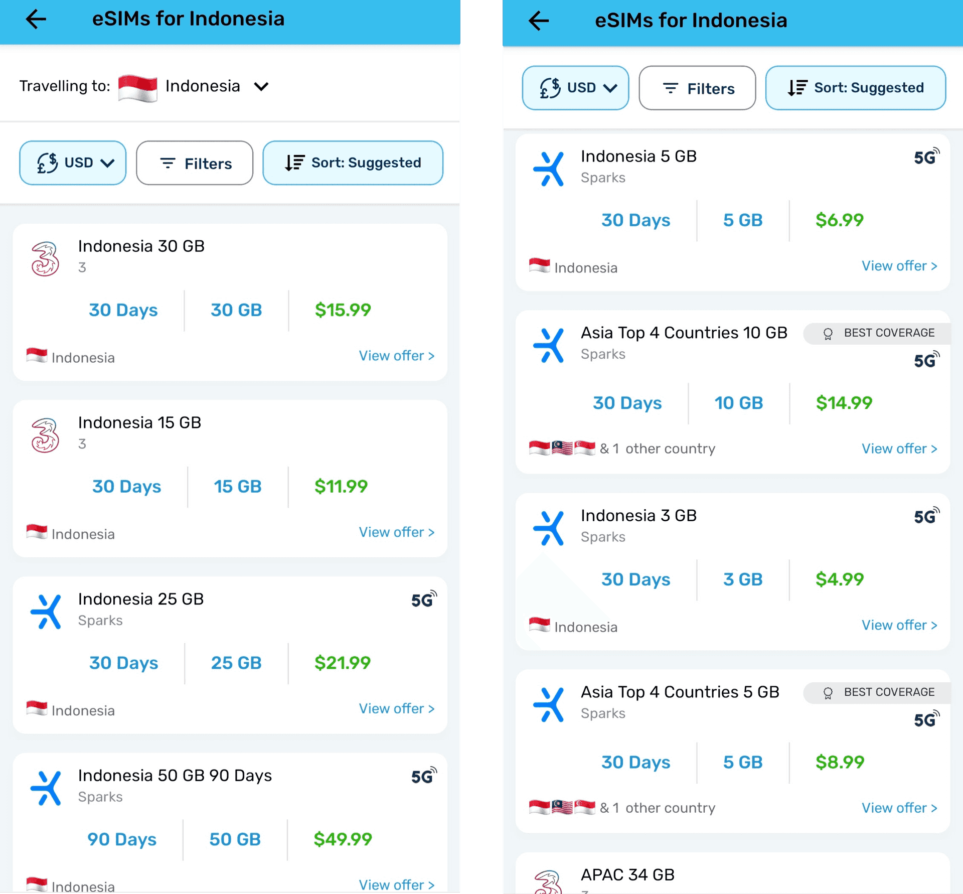 Screenshots of MobiMatter e-sim offering for Indonesia as of September 2024